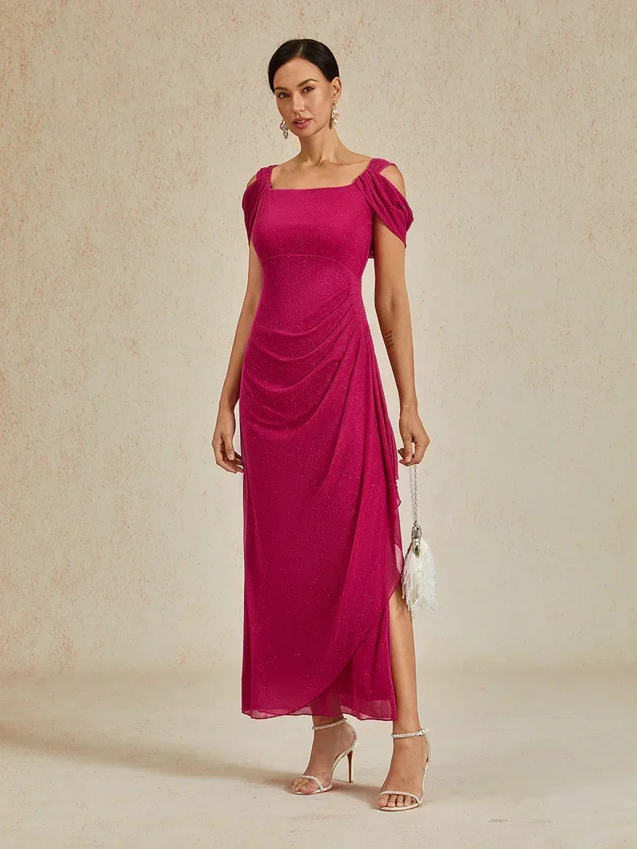 Ankle-Length Cold Shoulder Glitter Mesh Dress