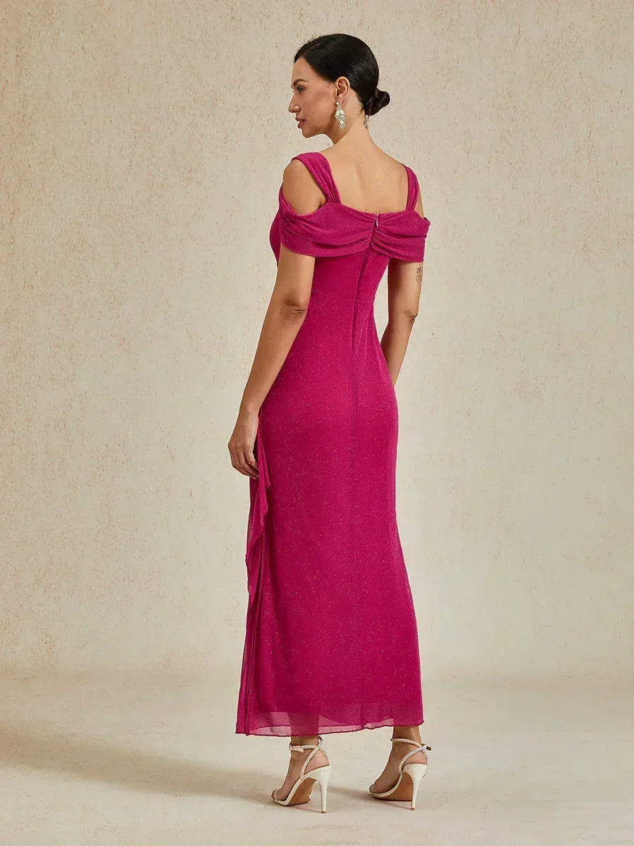 Ankle-Length Cold Shoulder Glitter Mesh Dress