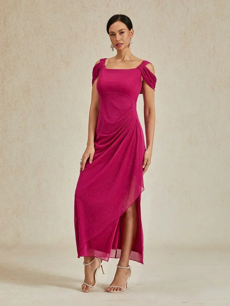 Ankle-Length Cold Shoulder Glitter Mesh Dress