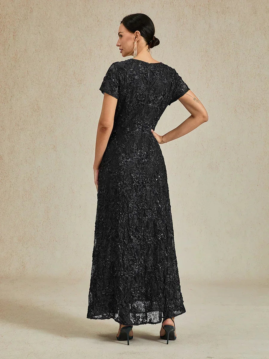 Rosette Lace A-Line Gown with Sequin Embellishment