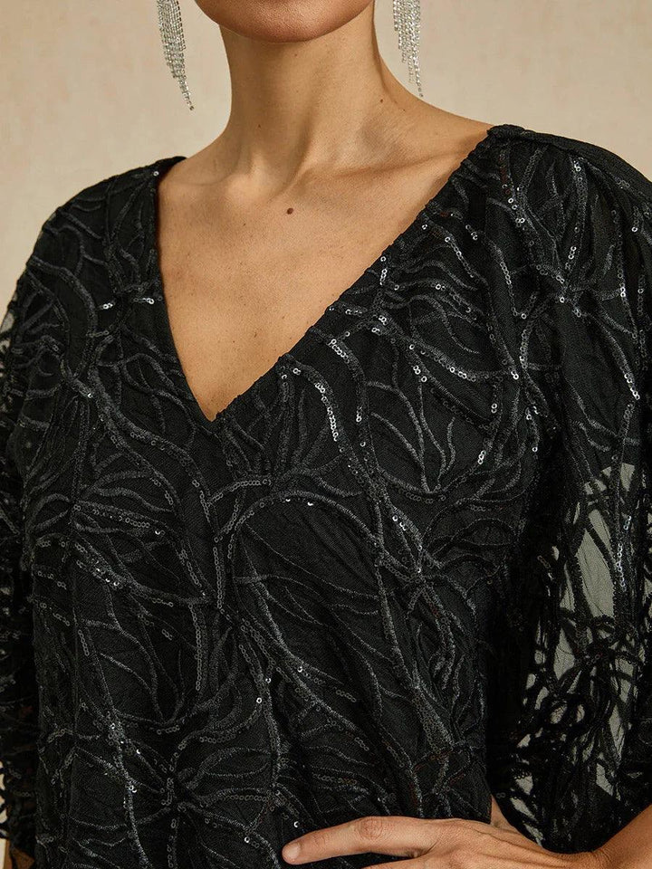 Sequin Knee Length V Neck Overlay Dress