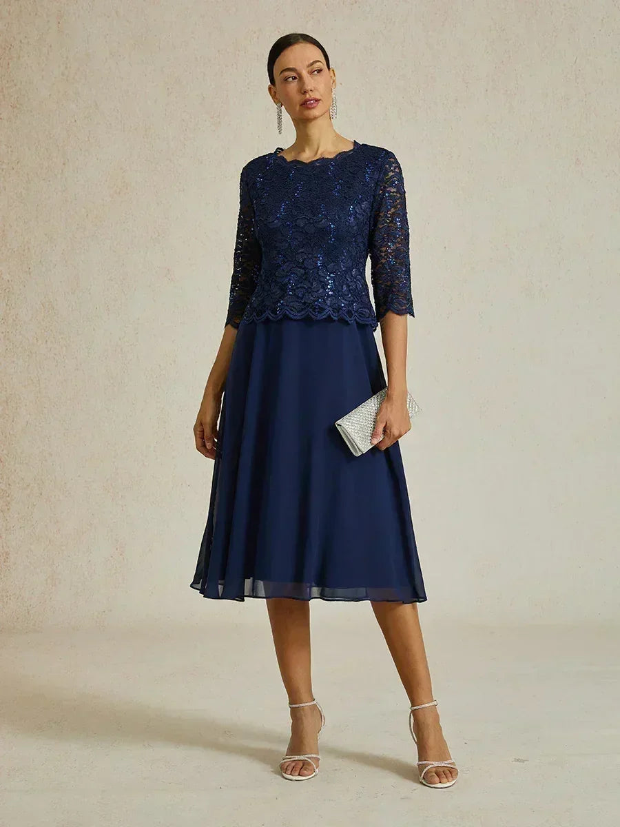 Elegant Lace and Chiffon Tea-Length Dress