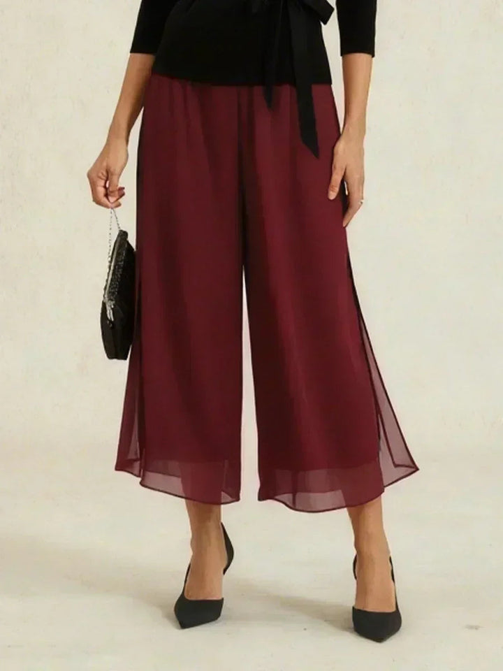 Cropped Length Straight Leg Pant With Chiffon Split Leg Overlay