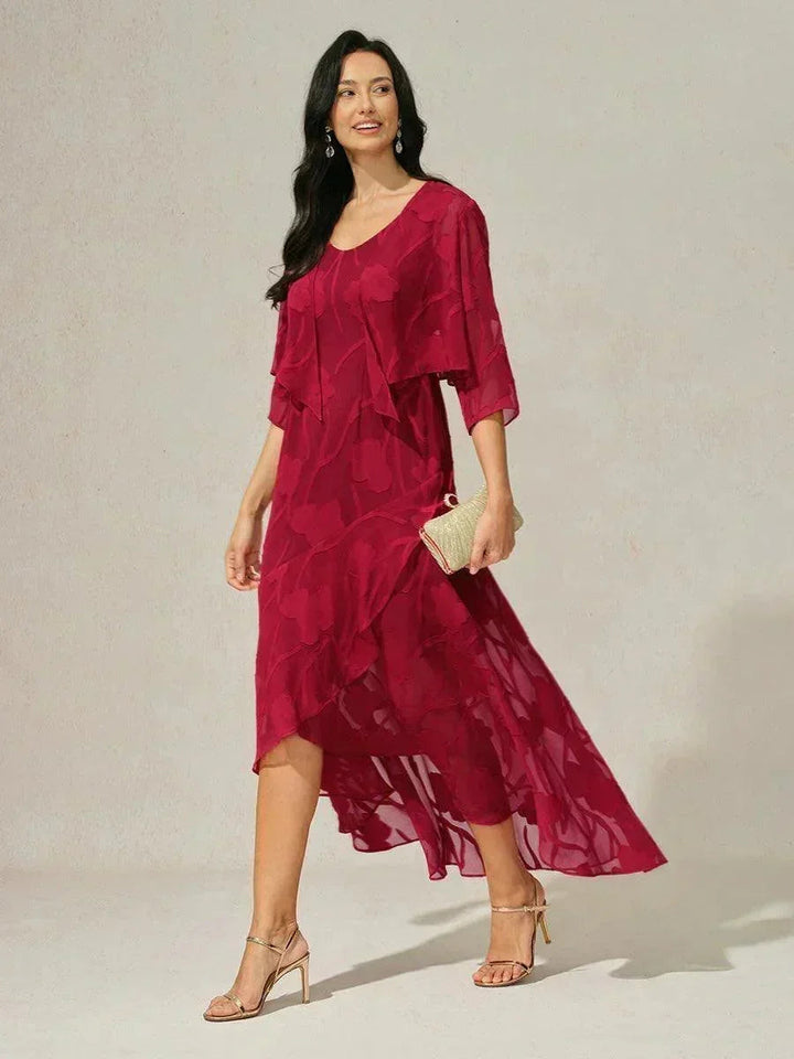 Navy Floral Chiffon Evening Gown with Asymmetrical Hem