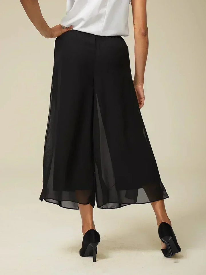 Cropped Length Straight Leg Pant With Chiffon Split Leg Overlay