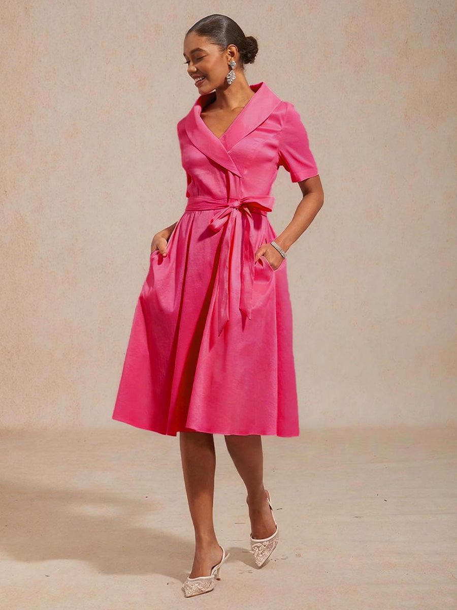 Collar Stretch Taffeta Dress with Tie Waist Belt