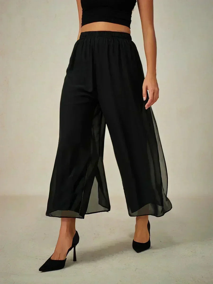Cropped Length Straight Leg Pant With Chiffon Split Leg Overlay