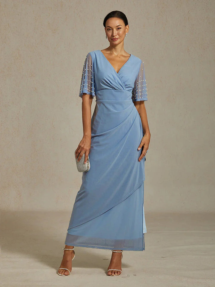 Elegant Formal Dress with Embellished Flutter Sleeves