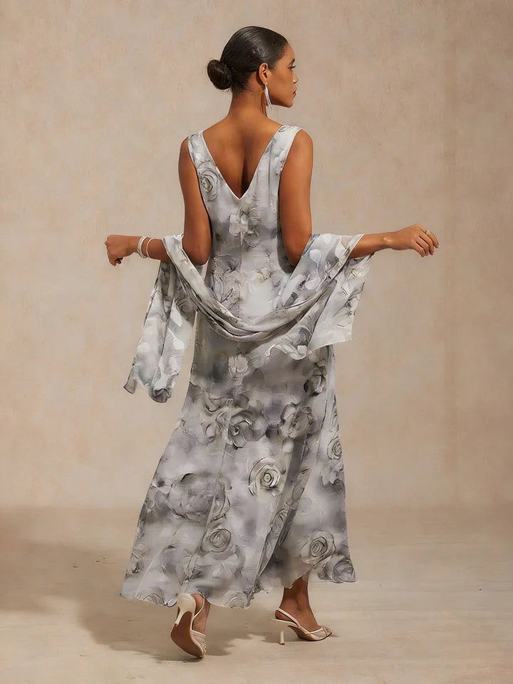 Floral Cowl Neck Tea-Length Dress with Flounce Hem