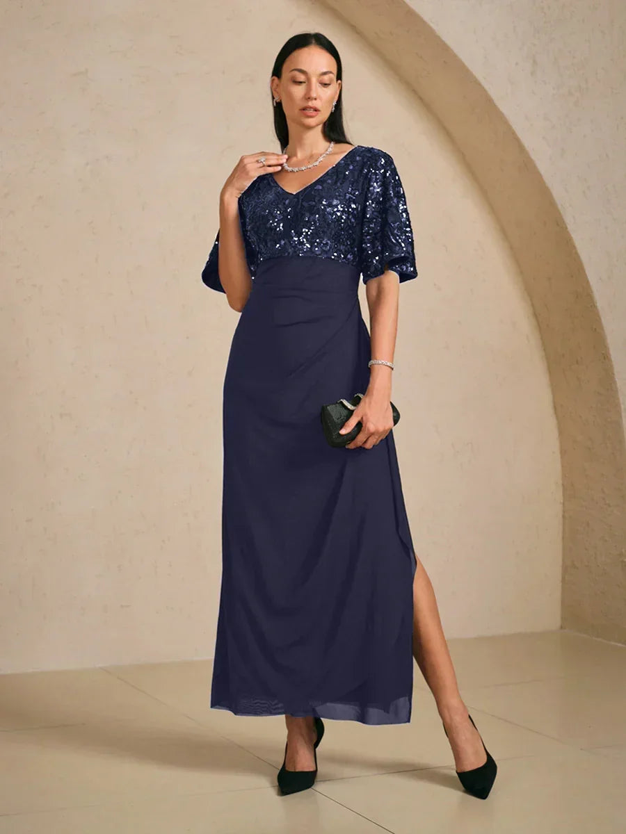 Embroidered Sequin Empire Waist Gown with Flutter Sleeves
