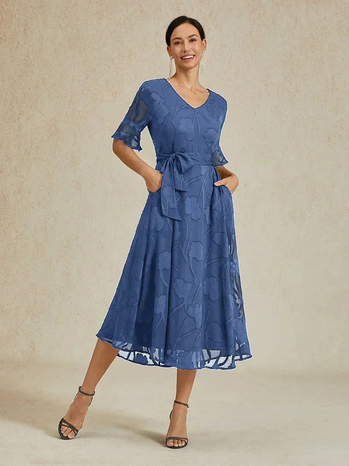 Ruffle Flutter Lace Midi Dress with Pockets