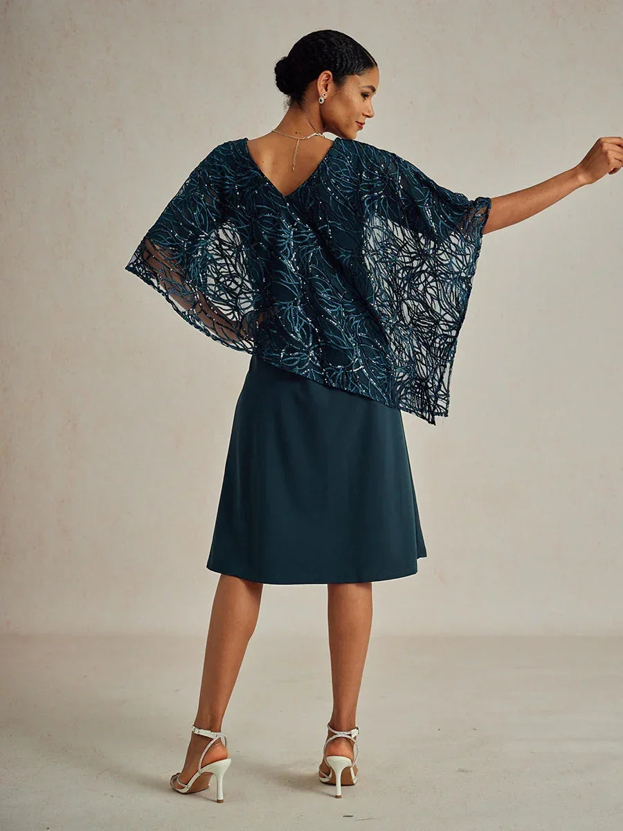 Sequin Knee Length V Neck Overlay Dress