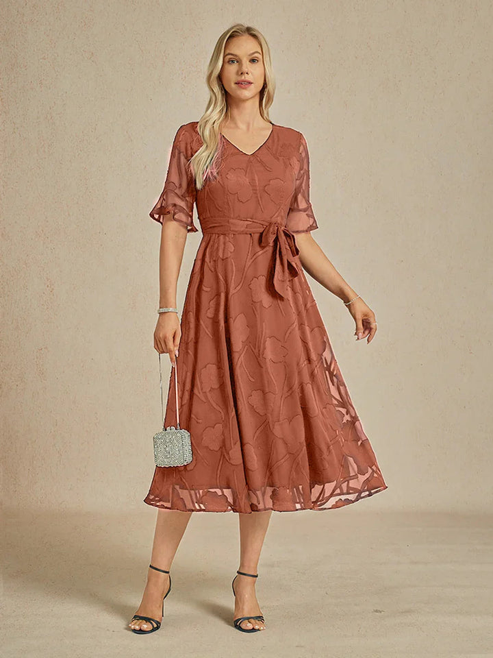 Ruffle Flutter Lace Midi Dress with Pockets