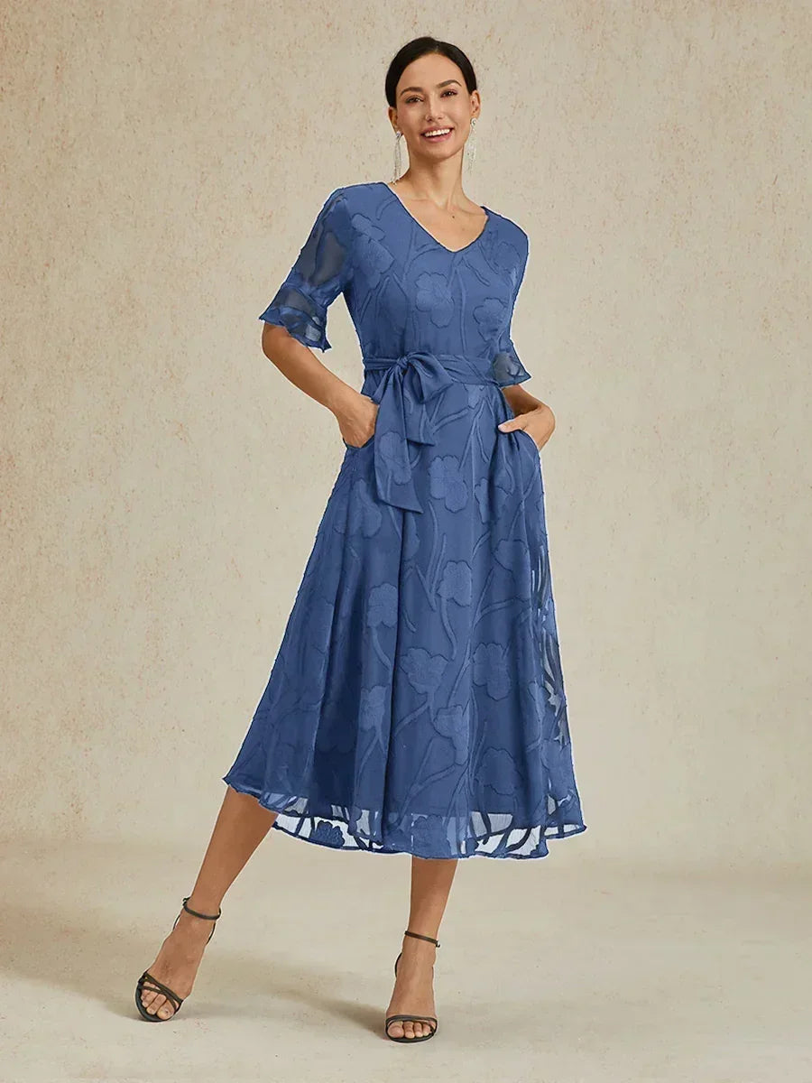 Ruffle Flutter Lace Midi Dress with Pockets