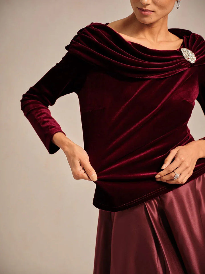 Long Sleeve Velvet Blouse with Ruched Collar