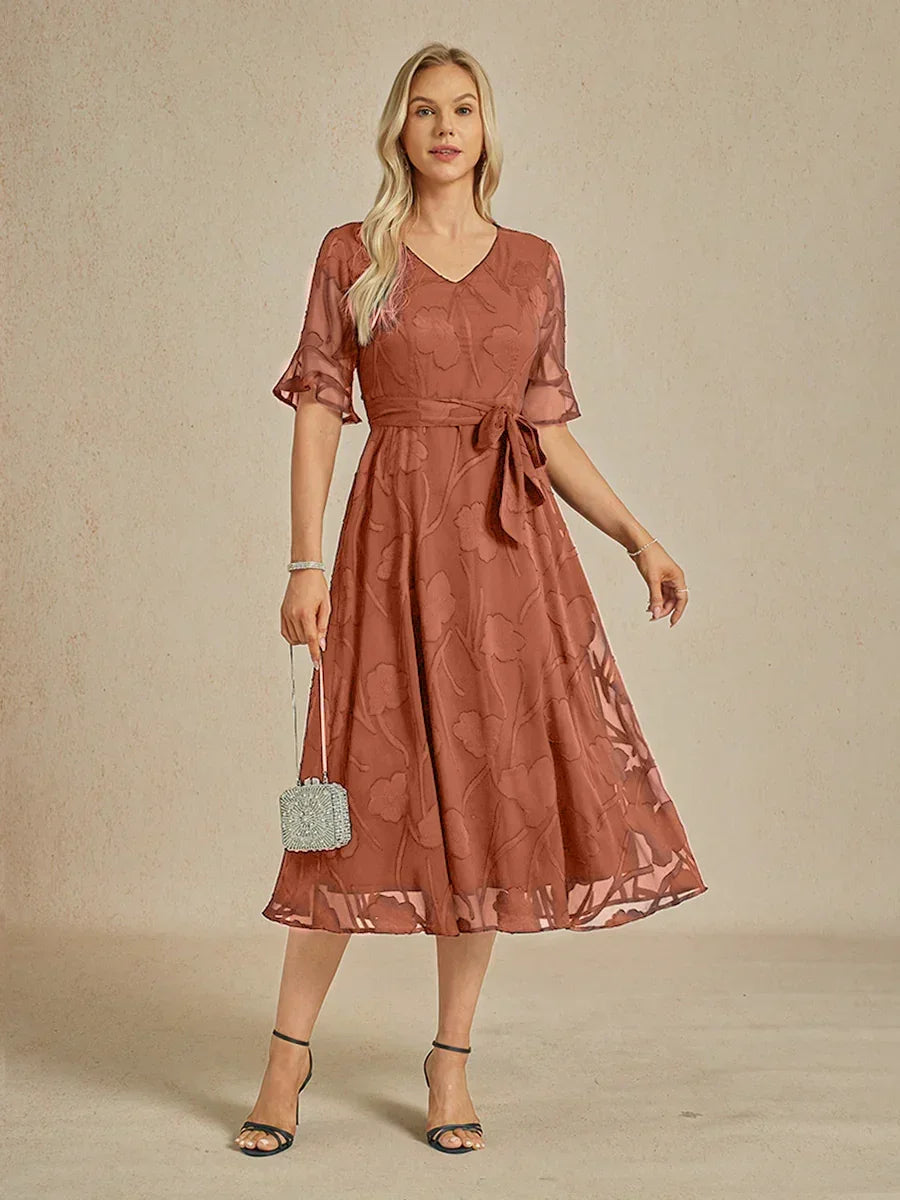Ruffle Flutter Lace Midi Dress with Pockets