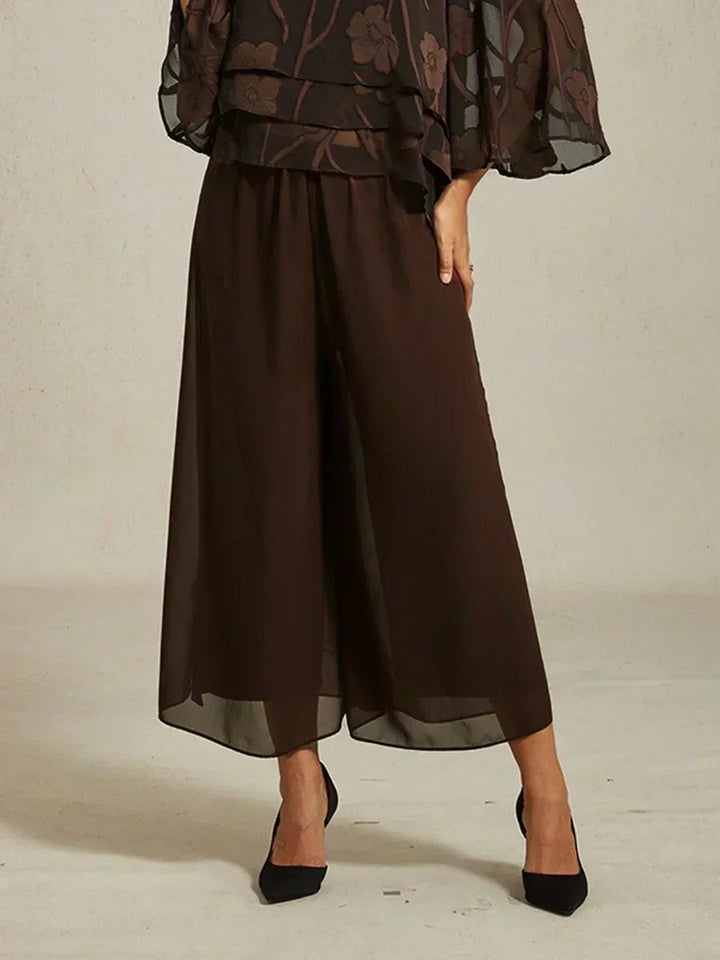 Cropped Length Straight Leg Pant With Chiffon Split Leg Overlay