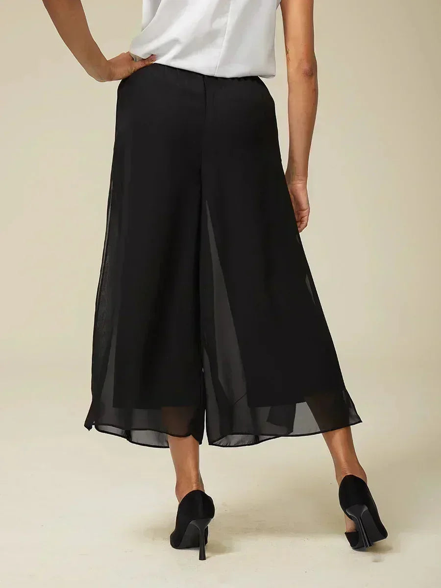 Cropped Length Straight Leg Pant With Chiffon Split Leg Overlay