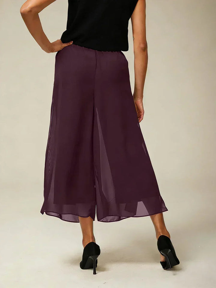 Cropped Length Straight Leg Pant With Chiffon Split Leg Overlay