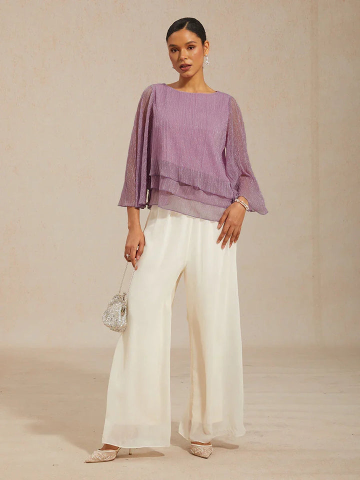 Metallic Pleated Chiffon Asymmetrical Layered Blouse