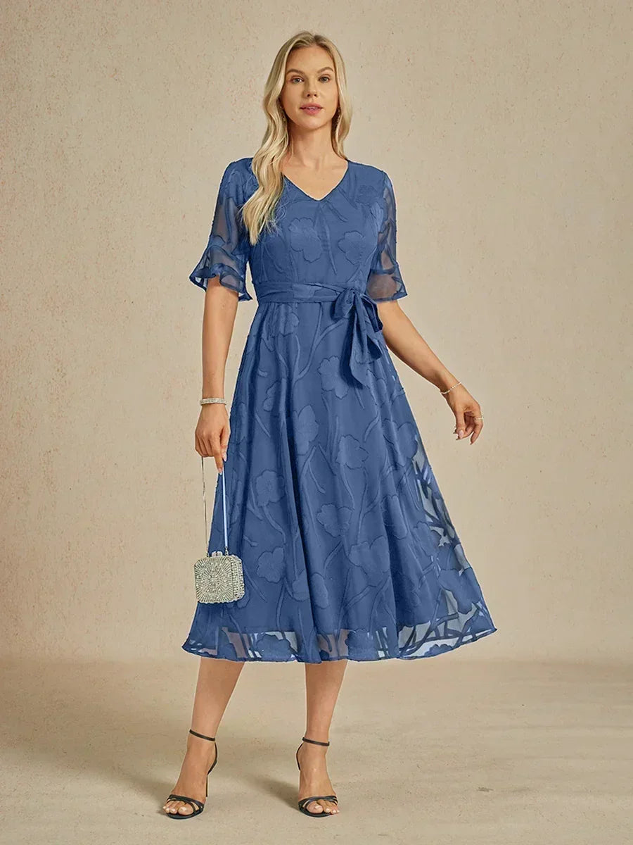 Ruffle Flutter Lace Midi Dress with Pockets