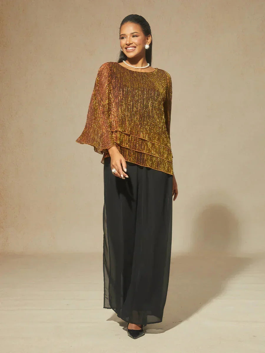 Metallic Pleated Chiffon Asymmetrical Layered Blouse