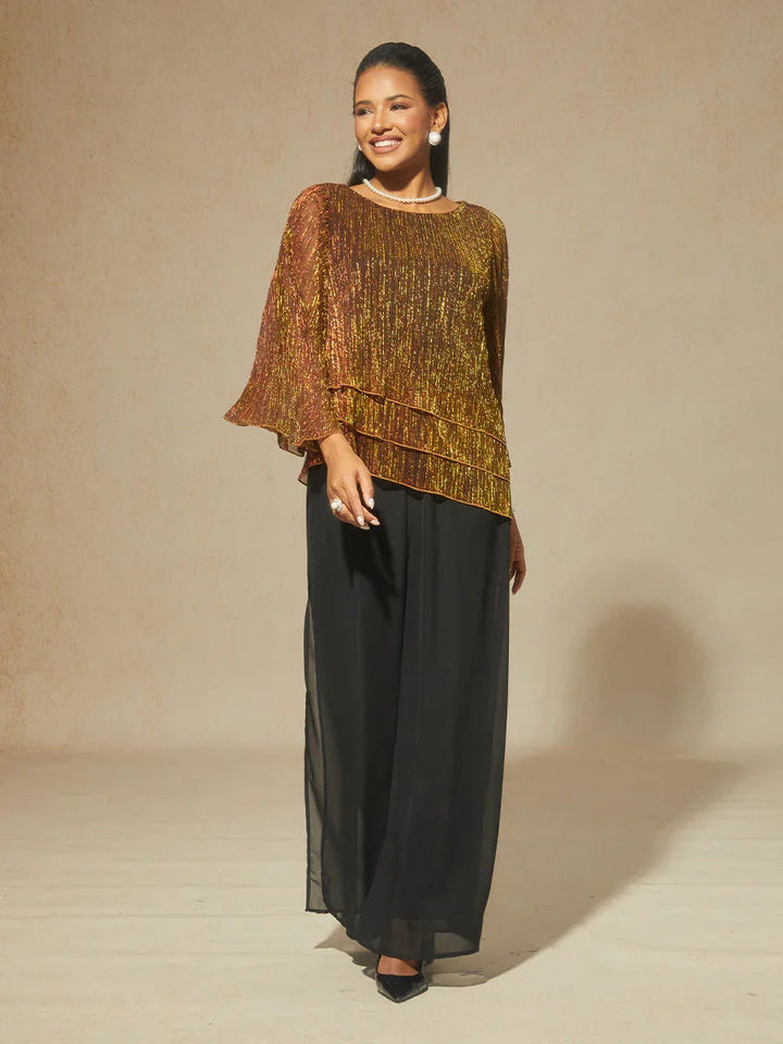 Metallic Pleated Chiffon Asymmetrical Layered Blouse