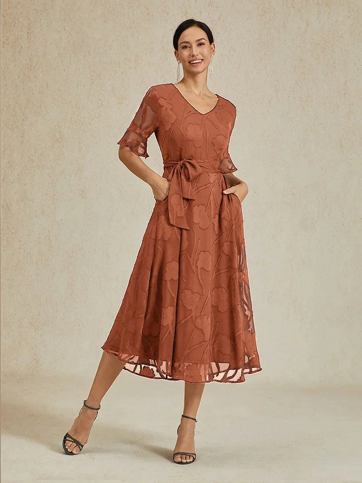 Ruffle Flutter Lace Midi Dress with Pockets