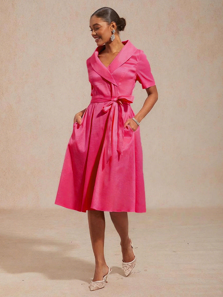 Collar Stretch Taffeta Dress with Tie Waist Belt