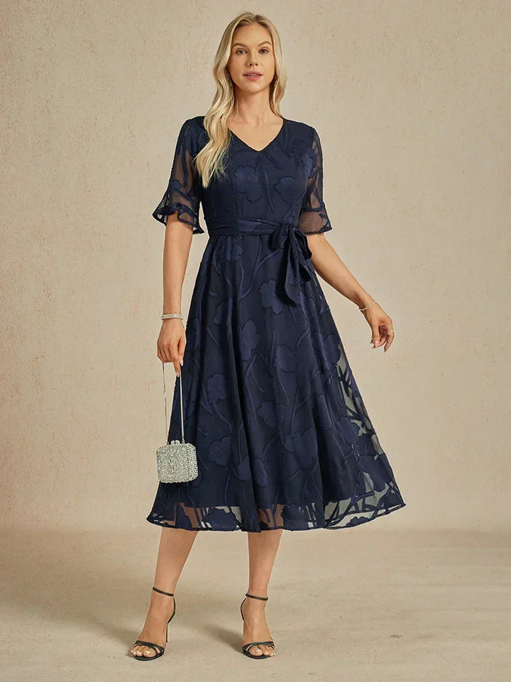 Ruffle Flutter Lace Midi Dress with Pockets