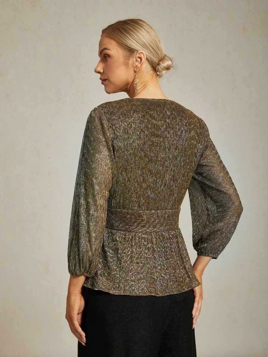 Metallic Pleated Chiffon Evening Wrap Top