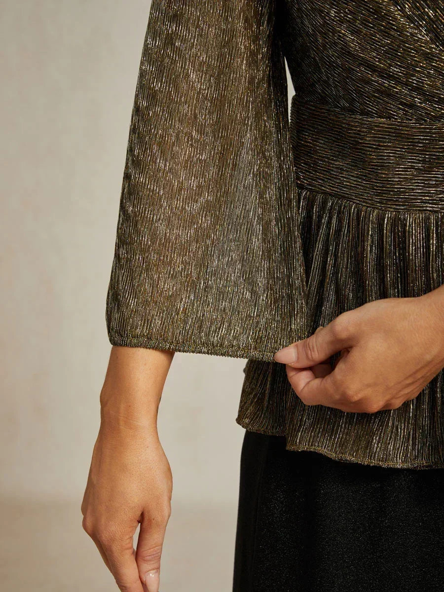 Metallic Pleated Chiffon Evening Wrap Top
