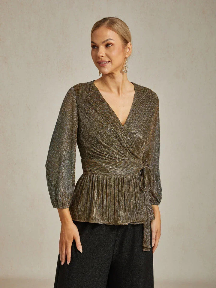 Metallic Pleated Chiffon Evening Wrap Top