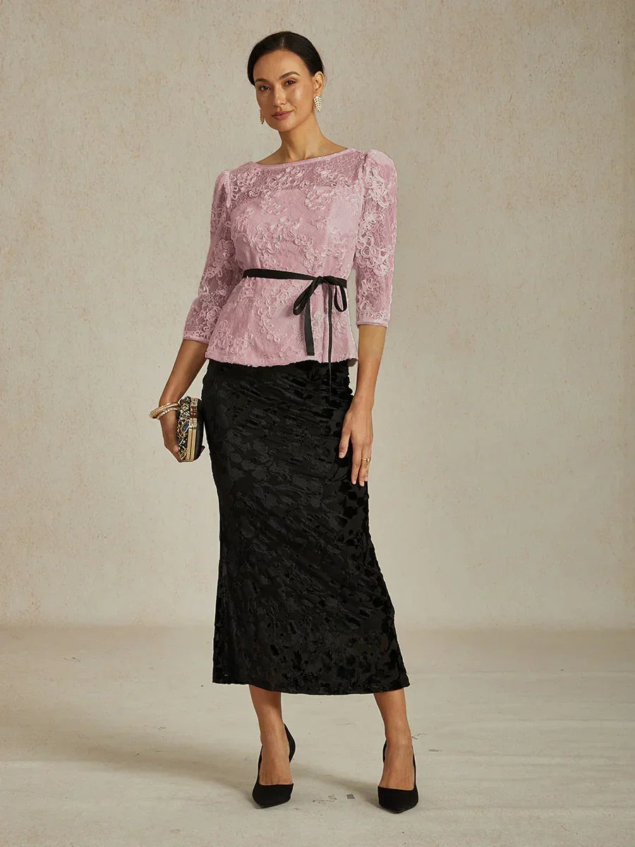 3/4 Sleeve Rosette Lace Blouse with Sequin Detail