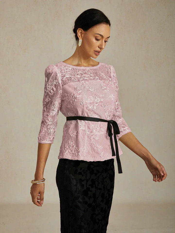 3/4 Sleeve Rosette Lace Blouse with Sequin Detail