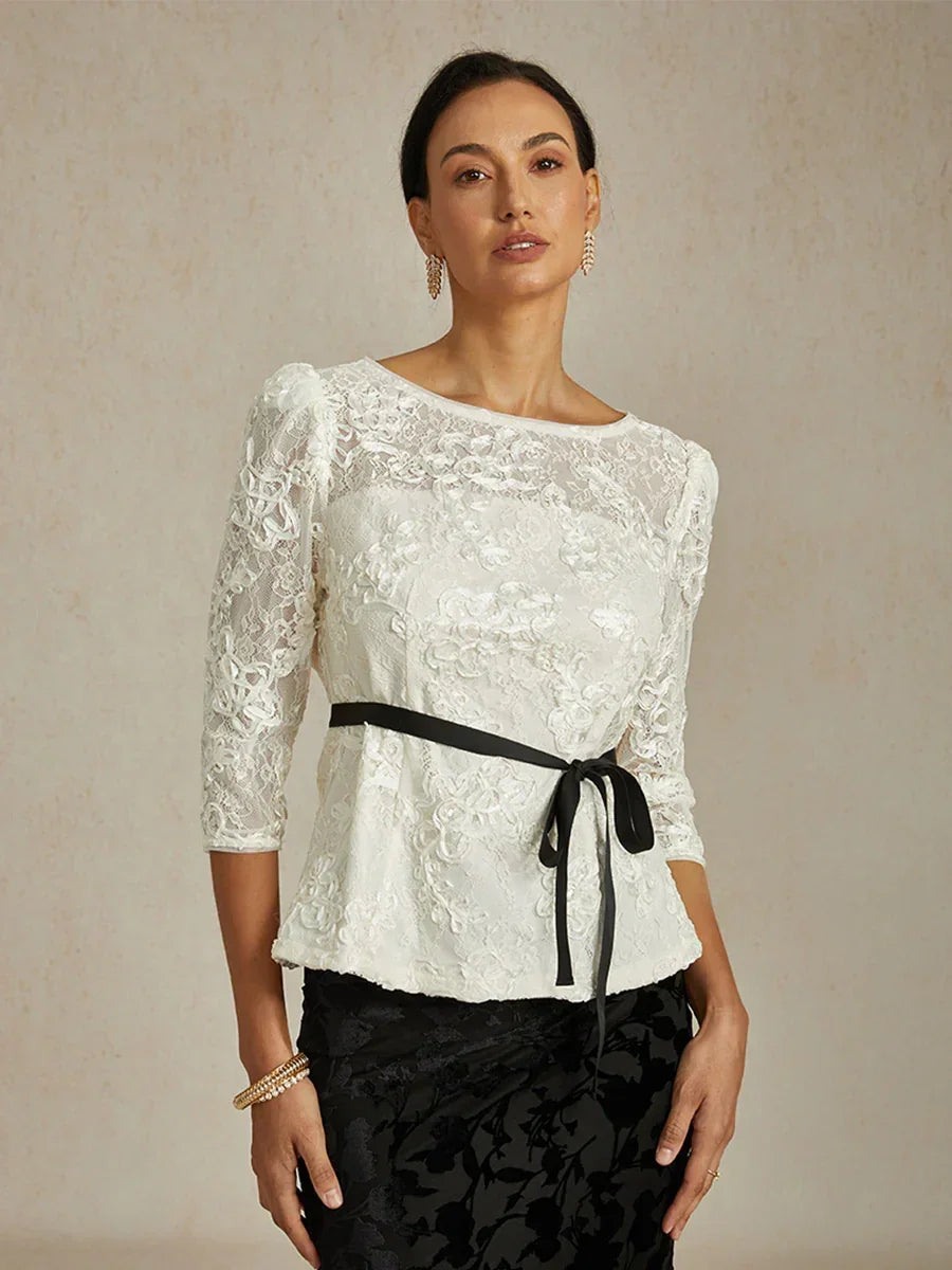 3/4 Sleeve Rosette Lace Blouse with Sequin Detail