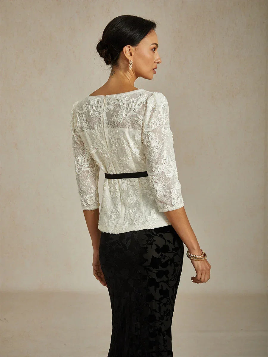 3/4 Sleeve Rosette Lace Blouse with Sequin Detail