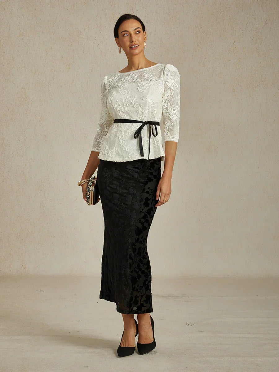 3/4 Sleeve Rosette Lace Blouse with Sequin Detail