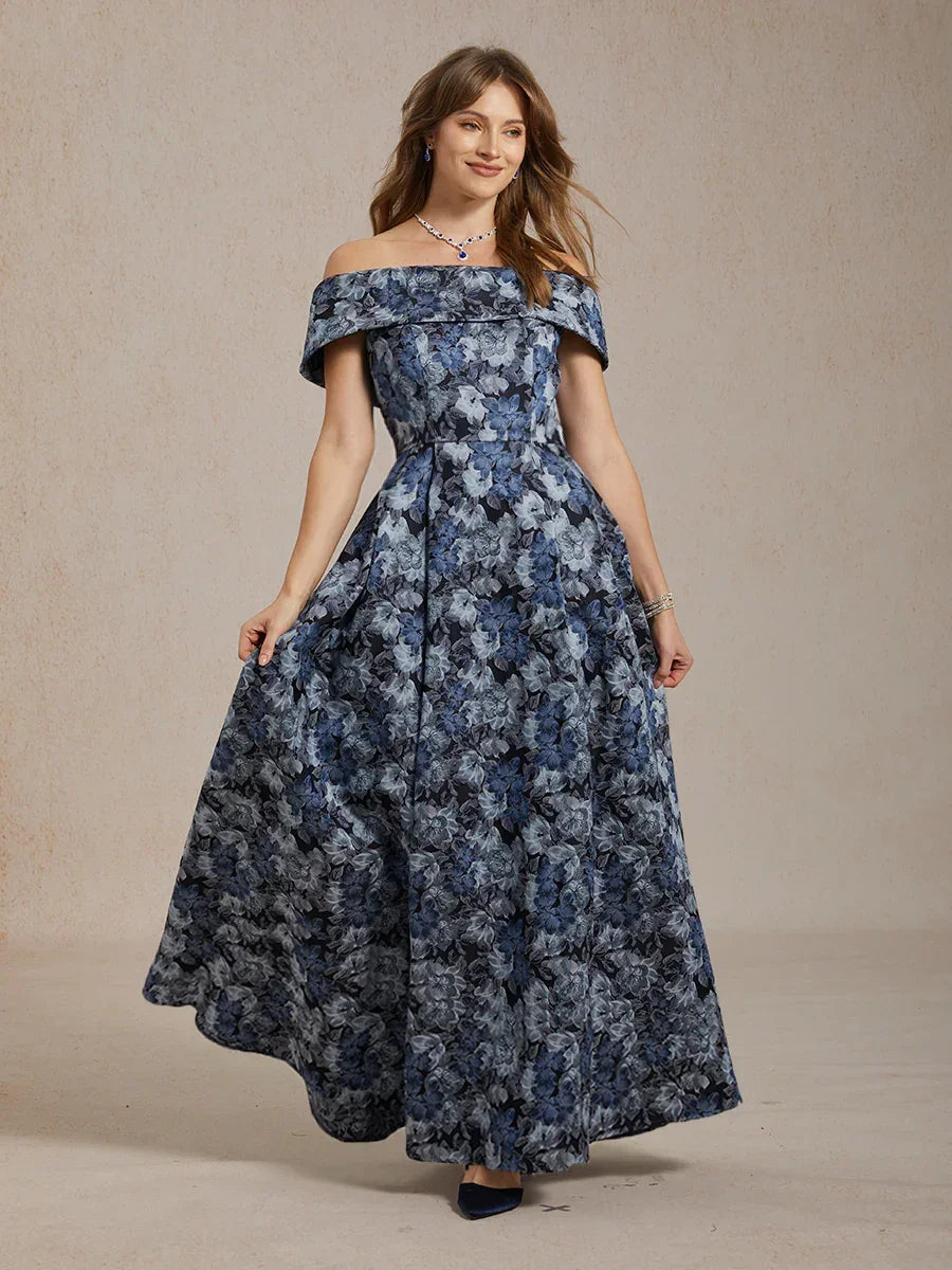 Off the Shoulder Metallic Floral Jacquard Ballgown