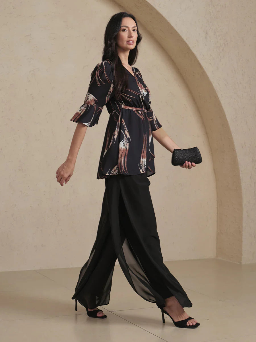 V-neck Long Tunic Blouse with Flutter Sleeves