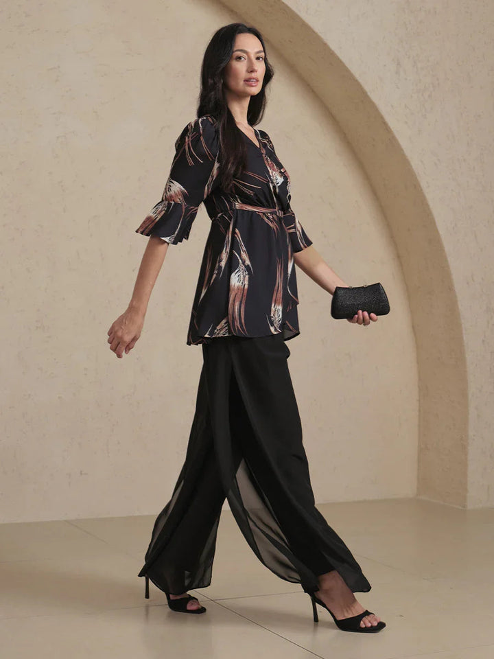 V-neck Long Tunic Blouse with Flutter Sleeves