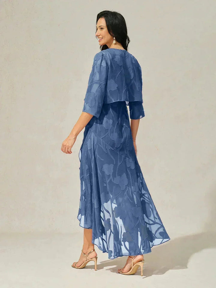 Navy Floral Chiffon Evening Gown with Asymmetrical Hem