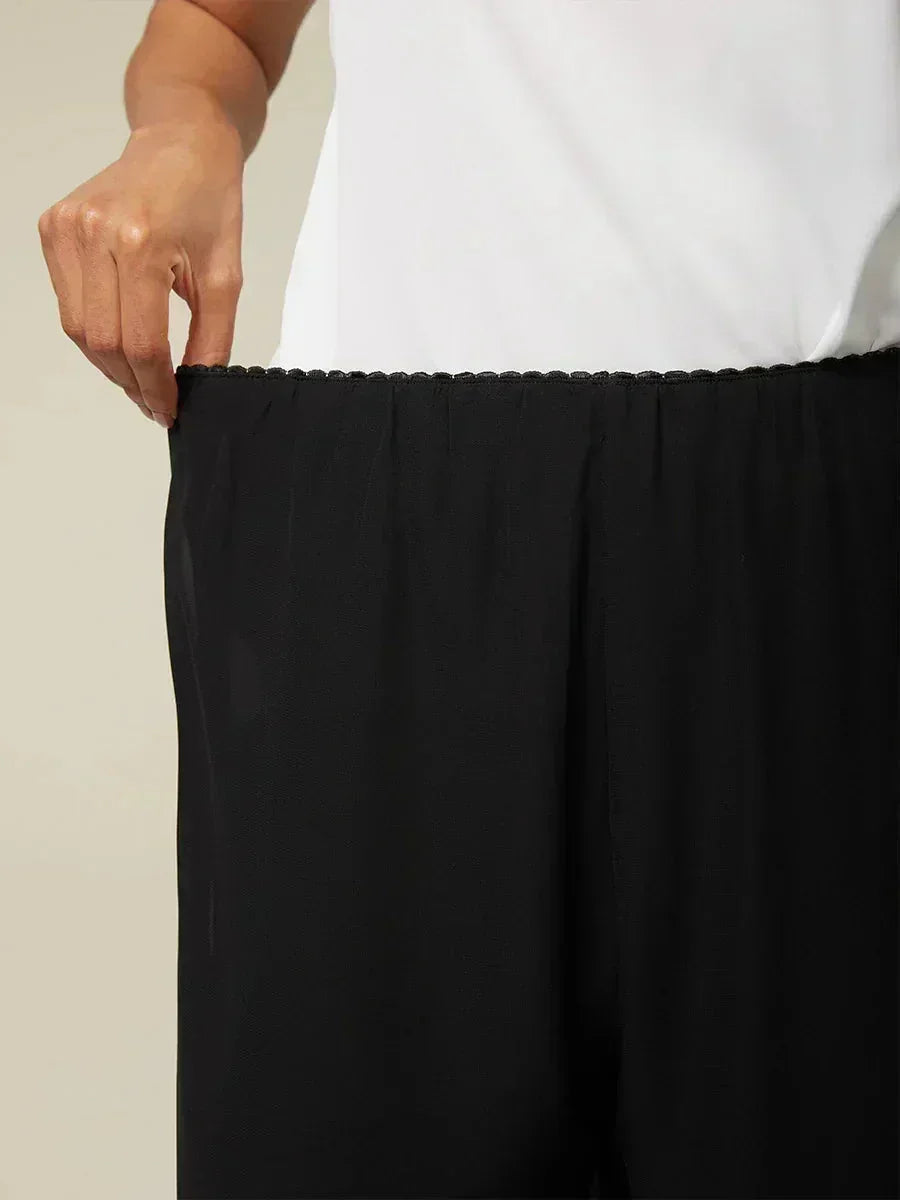 Cropped Length Straight Leg Pant With Chiffon Split Leg Overlay
