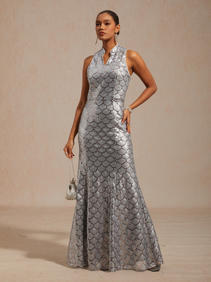 Sleeveless Fitted Mermaid Dress with Sequins