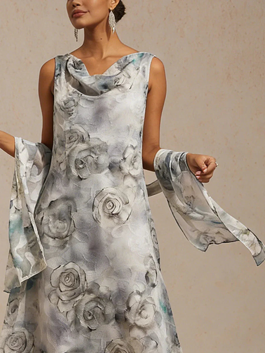 Floral Cowl Neck Tea-Length Dress with Flounce Hem