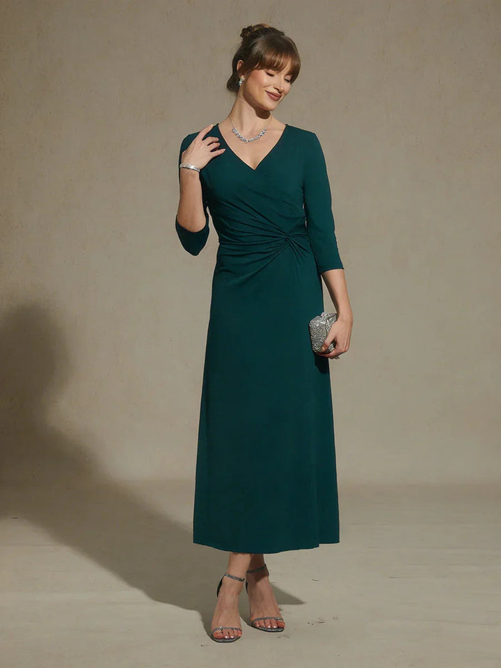 Black V-Neck A-Line Knit Dress with Waist Twist Design