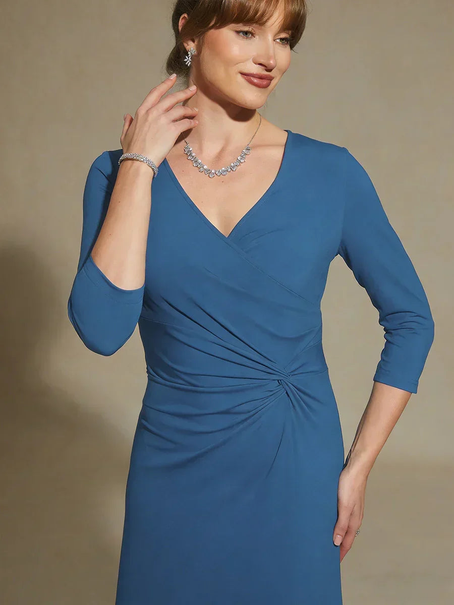 Black V-Neck A-Line Knit Dress with Waist Twist Design