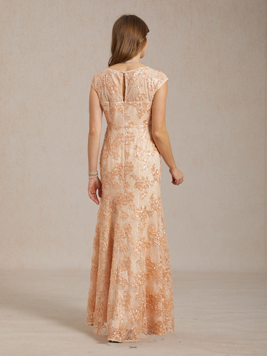 Rosette Lace Cap Sleeve V-neck Mermaid Gown