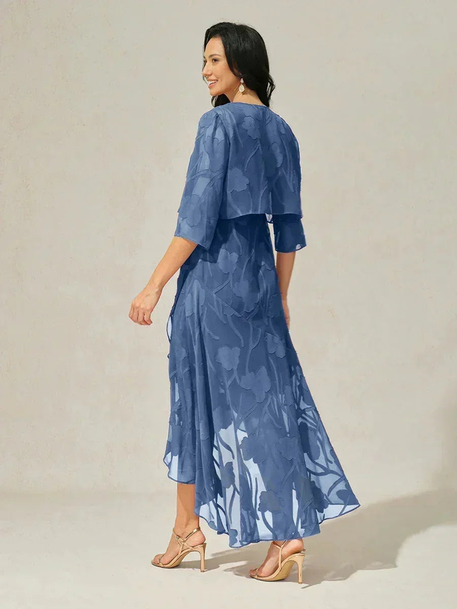 Navy Floral Chiffon Evening Gown with Asymmetrical Hem