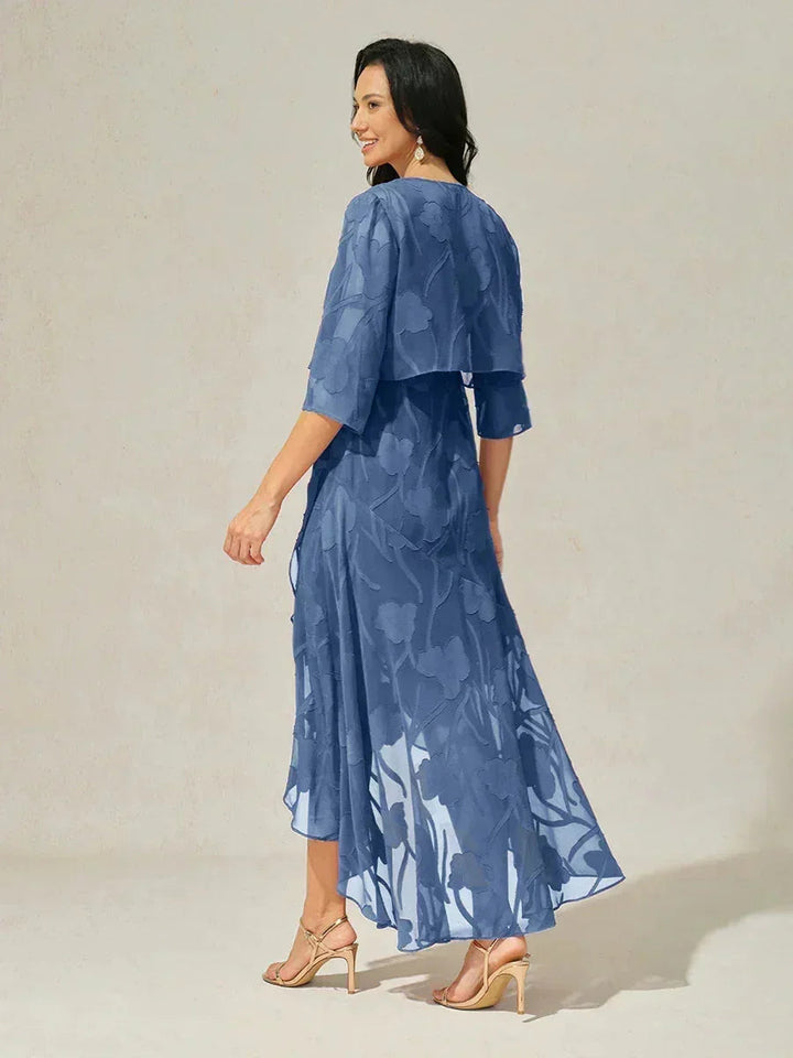 Navy Floral Chiffon Evening Gown with Asymmetrical Hem